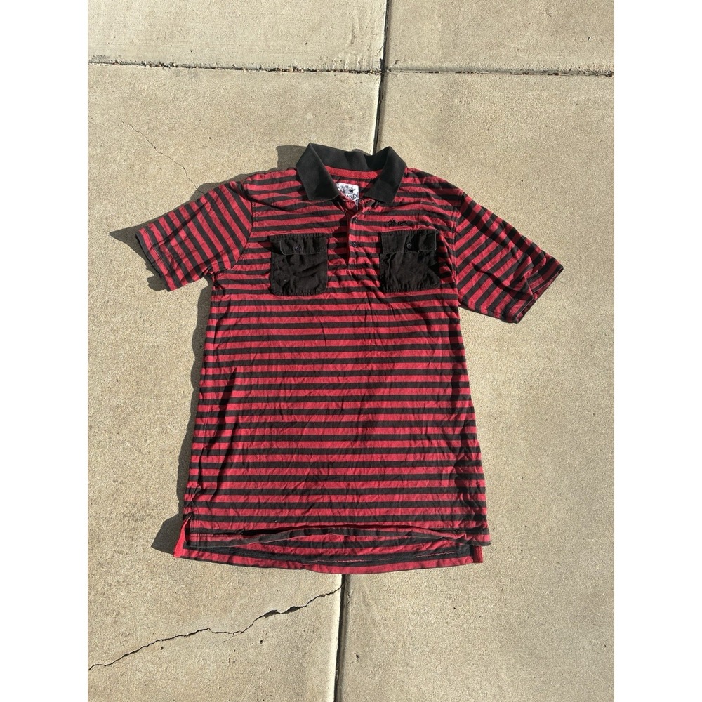 Akdmks Mens Casual Shirt Size XL Black Red Striped Long Sleeve Pocket Y2K 1/4